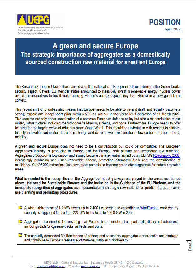 Aggregates Europe – UEPG Position – A green and secure Europe