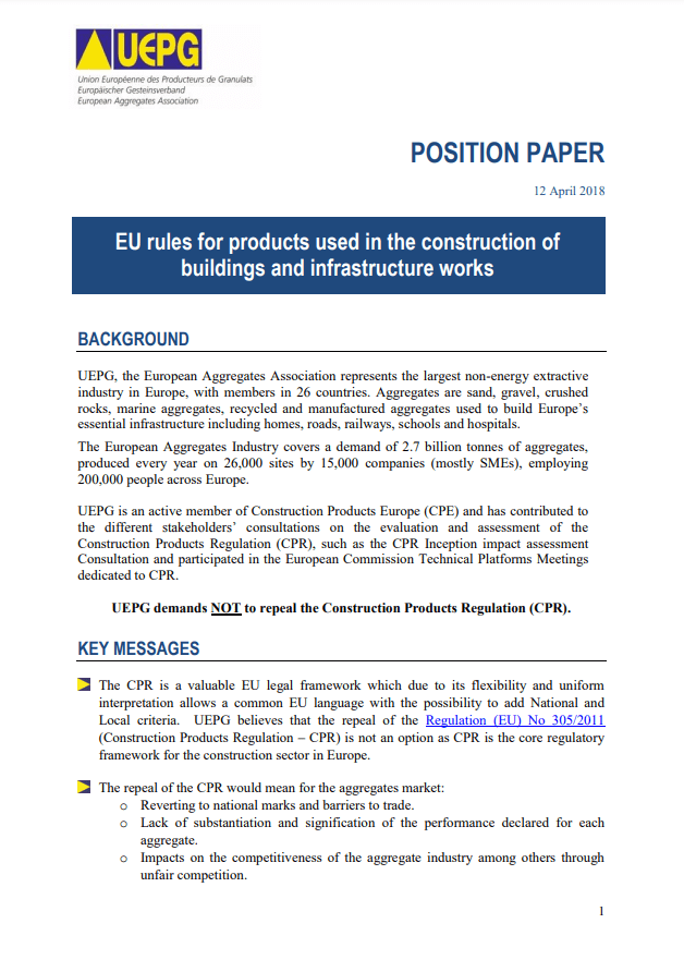 Aggregates Europe – UEPG position paper on current CPR consultation ...